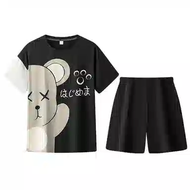兰缪 卡通纯棉印花舒适圆领套头短袖松紧短裤可外穿睡衣套装 男款 图片色
