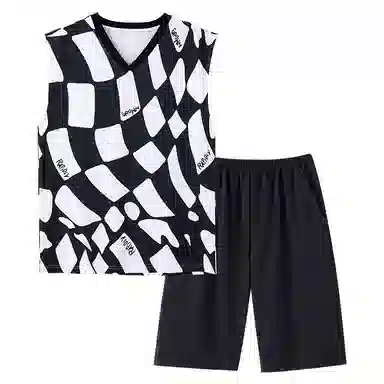 花季的故事 可外穿简约韩版格子松紧腰短裤睡衣套装 男款 黑白