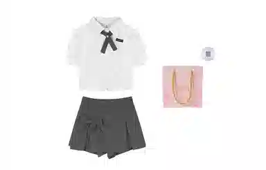 棉购 学院风短袖衬衫蝴蝶结高腰开叉包臀半身短裙裤裙装套装 女款 纯色