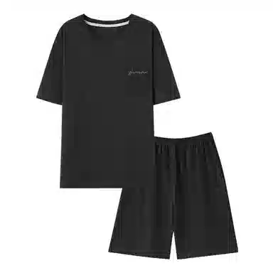 睦隆世家 时尚透气轻薄亲肤居家休闲圆领短袖松紧腰短裤可外穿经典睡衣套装 男款 黑色