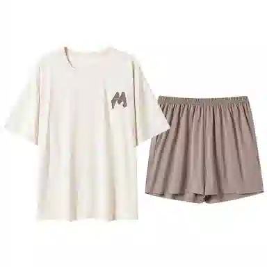 贴身领域 圆领字母印花自带胸垫可外穿休闲短袖松紧腰三分裤睡衣套装 女款 杏色
