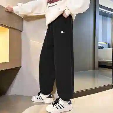 迷乐童堡 童装 纯色字母刺绣加绒加厚一体绒休闲裤 儿童款