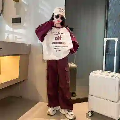 迷乐童堡 网红洋气休闲运动套装 儿童款 酒红色