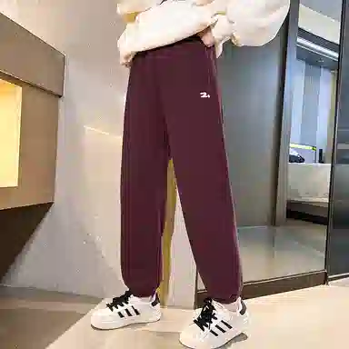 迷乐童堡 童装 纯色字母刺绣加绒加厚一体绒休闲裤 儿童款