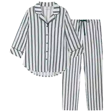 舒雅 纯棉亲肤条纹翻领睡衣套装 女款