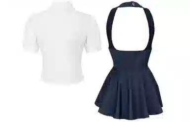 九条喵 娃娃领短袖上衣中腰连衣裙裙装套装 女款