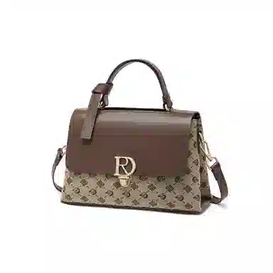 红蜻蜓 经典复古拼接简约高级感 字母小众设计百搭 织物 女包手提斜挎单肩包 春夏季 中号 女款 咖啡色/棕色