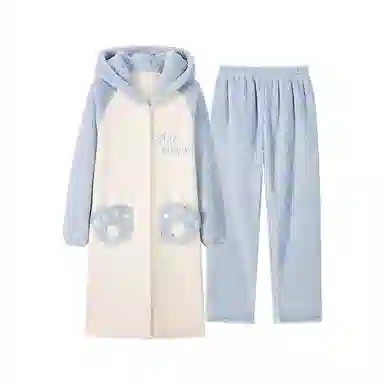 都市丽人 连帽简约纯色上衣松紧腰长裤睡衣套装 女款