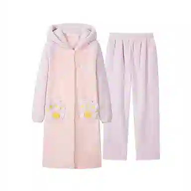 都市丽人 连帽简约纯色上衣松紧腰长裤睡衣套装 女款