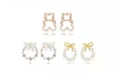 牧言 甜美可爱简约小众设计高级感 立体镂空圆环幻彩蝶梦蝴蝶结小熊耳饰套装 合金 蝴蝶圆圈耳环 女款