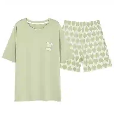 莫代尔 薄款卡通兔韩版时尚满印花千鸟格格仔裤甜美少女睡衣套装 女款 黄绿色