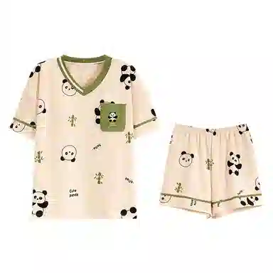 欧迪芬 亲肤柔软带胸垫短袖短裤透气舒适可爱小熊猫睡衣套装 女款 杏色