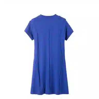 晚白  高腰圆领短袖连衣裙  女装  蓝色