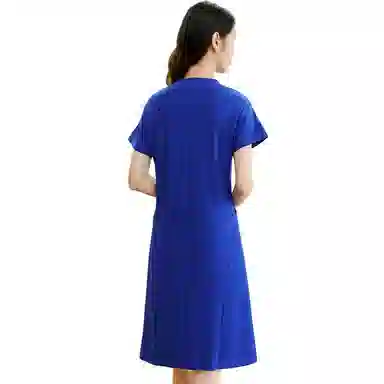 晚白  高腰圆领短袖连衣裙  女装  蓝色