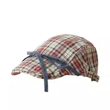 撞青春 复古牛仔蝴蝶结前进帽子格子红色画家帽薄款 棉 贝雷帽 女款