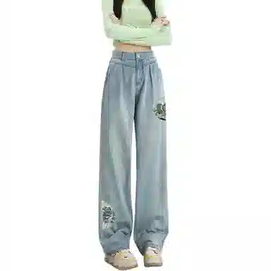 惟熙 清凉天丝薄款透气国风刺绣垂坠感牛仔裤 女款 浅蓝色