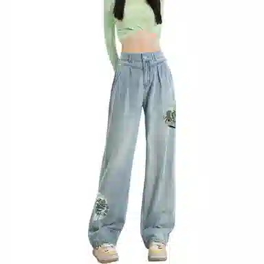 惟熙 清凉天丝薄款透气国风刺绣垂坠感牛仔裤 女款 浅蓝色