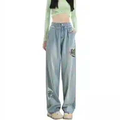 惟熙 清凉天丝薄款透气国风刺绣垂坠感牛仔裤 女款 浅蓝色