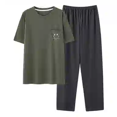 莫代尔 休闲舒适亲肤纯色透气圆领套头短袖上衣松紧腰长裤睡衣套装 男款 橄榄色