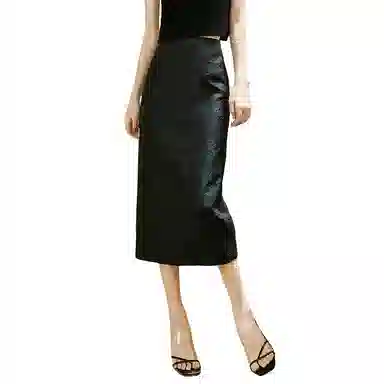 晚白 高腰提花纯色休闲长裙 女款 黑色