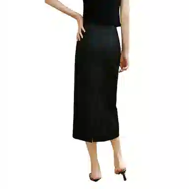 晚白 高腰提花纯色休闲长裙 女款 黑色