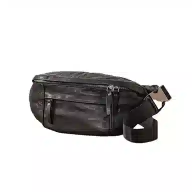 后步 小众设计感简约百搭休闲通勤运动个性日常轻便 真皮头层牛皮水洗皮软皮 斜挎包胸包 中号 男款 黑色