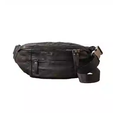 后步 小众设计感简约百搭休闲通勤运动个性日常轻便 真皮头层牛皮水洗皮软皮 斜挎包胸包 中号 男款 黑色