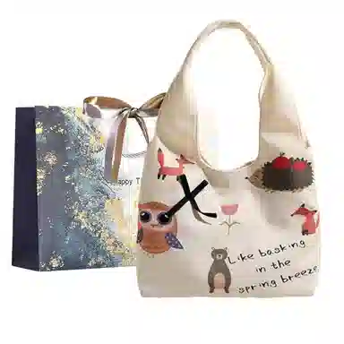 伊曼家 可爱涂鸦帆布包百搭大容量手提包包 尼龙 单肩包 女款 米白色/黑色