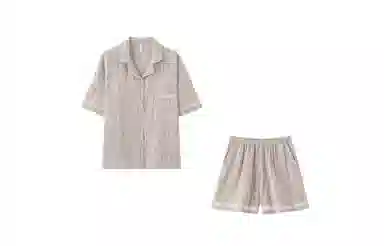 热妒 翻领开衫短袖松紧腰三分裤凉感薄款可外穿睡衣套装 女款 杏色