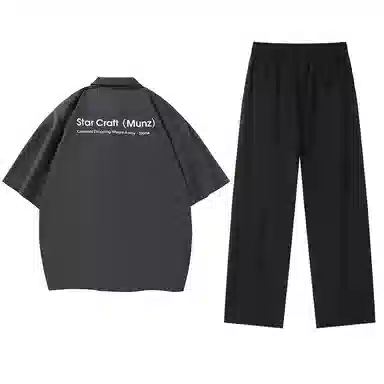 星际者 基础款简约纯色五分袖衬衫休闲宽松直筒垂感长裤衬衫套装 男女同款