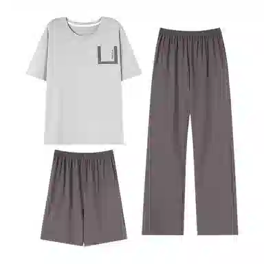 兰缪 舒适亲肤简约休闲凉感短袖五分裤长裤家居服睡衣套装 男款 棕色