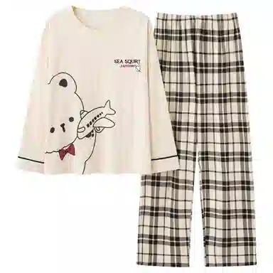 莫代尔 舒适柔软透气小熊印花亲肤长袖弹力裤腰不勒腹长裤可居家休闲外穿睡衣套装 女款 杏色