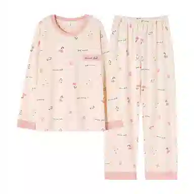 莫代尔 时尚印花清新满印舒适纯棉纯色亲肤套头松紧带长袖长裤居家休闲可外穿睡衣套装 女款 杏色