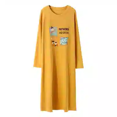 莫代尔 亲肤舒适纯色印花满印长袖居家休闲可外穿睡裙 女款 向日葵色