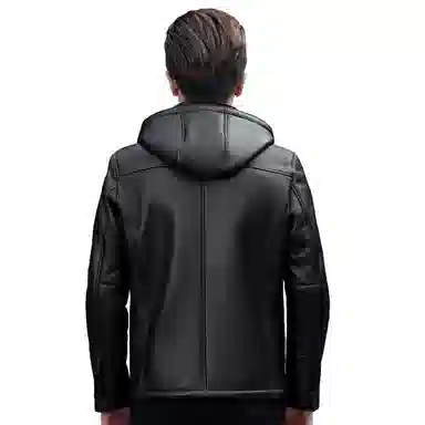 富铤 纯色简约皮毛一体休闲防风连帽真皮皮衣 男款 黑色
