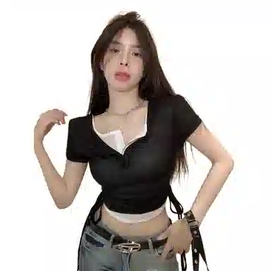 JUFU V-Neck Short Sleeve T-Shirt Black