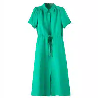 晚白 高腰抽绳亚麻连衣裙 女款 湖绿色