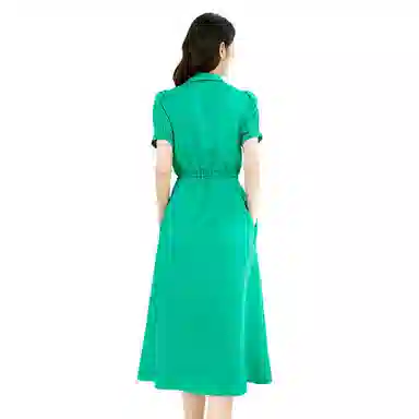 晚白 高腰抽绳亚麻连衣裙 女款 湖绿色