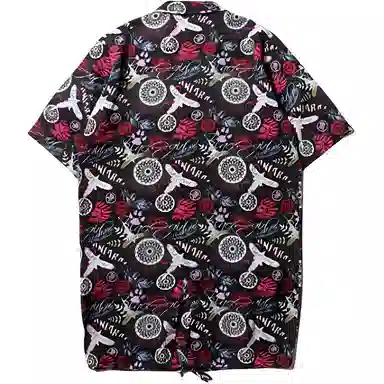 鬼洗 满印立领纽扣中长款短袖衬衫 女款