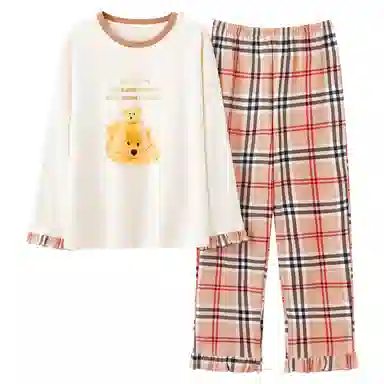 莫代尔 时尚卡通印花长袖格子长裤休闲居家学生家居服亲肤透气可外穿睡衣套装 女款 乳白色