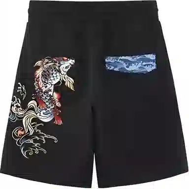 鬼洗 印花图案松紧高腰宽松休闲短裤 男款 黑色