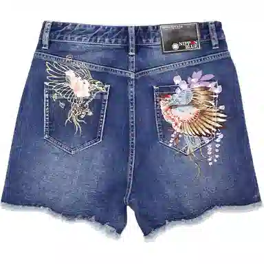 鬼洗 刺绣直筒中腰牛仔短裤 女款