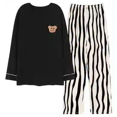 莫代尔 纯色小熊印花时尚宽松纯棉舒适亲肤套头长袖松紧带长裤居家休闲可外穿睡衣套装 男款 黑色