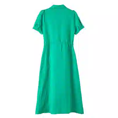 晚白 高腰抽绳亚麻连衣裙 女款 湖绿色