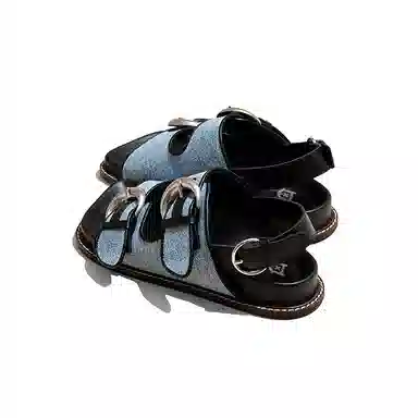 老喵 平底方头 百搭时尚 沙滩凉鞋 女款 牛仔蓝