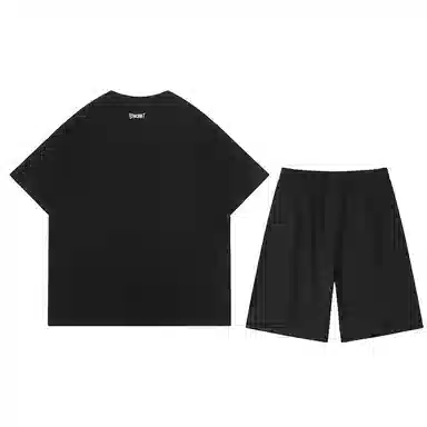 星际者 基础款创意时钟字母印花短袖潮牌中腰系带短裤休闲运动套装 男女同款