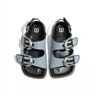 老喵 平底方头 百搭时尚 沙滩凉鞋 女款 牛仔蓝