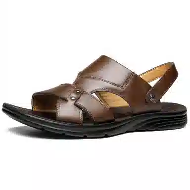 法派 头层牛皮 大码 纯色 简约 透气 轻便 舒适 沙滩凉鞋 男款