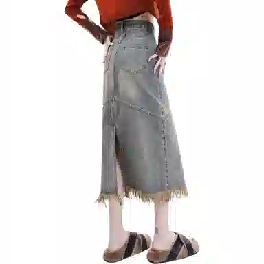 玫丝朵 水洗做旧毛边开叉牛仔长裙 女款 怀旧蓝
