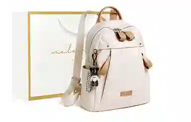 纳兰杜 大容量通勤简约百搭轻便学生党上课出游 织物拼合成革 双肩包 大号 女款 米白拼杏/子夜黑